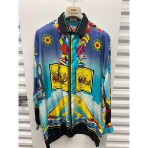 Vintage Gianni Versace Sport Silk Shirt Nautical Sailing Print Multicolor 90s 52